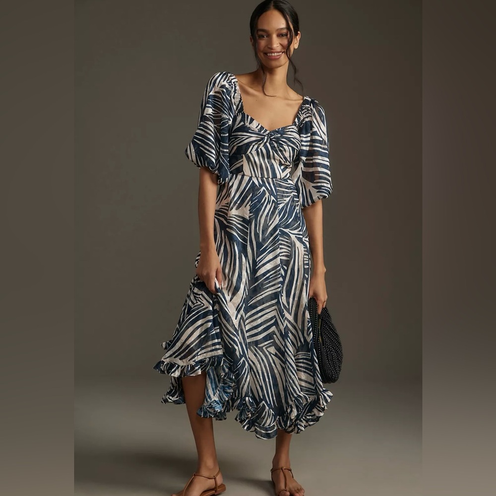 Hutch Anthropologie Twist Front Puff Sleeve Ruffle Hem Zebra Print Dress